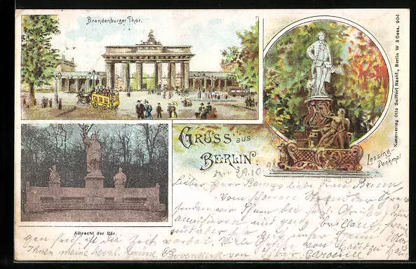 Lithographie Berlin, Brandenburger Tor, Lessing Denkmal 1898