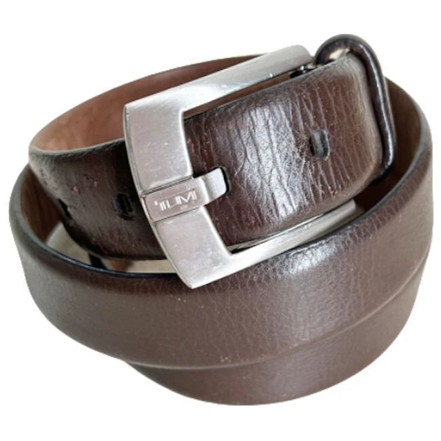 TUMI Handcrafted Brown Leather Belt Mens Size 40 Brushed Nickle Buckle USA