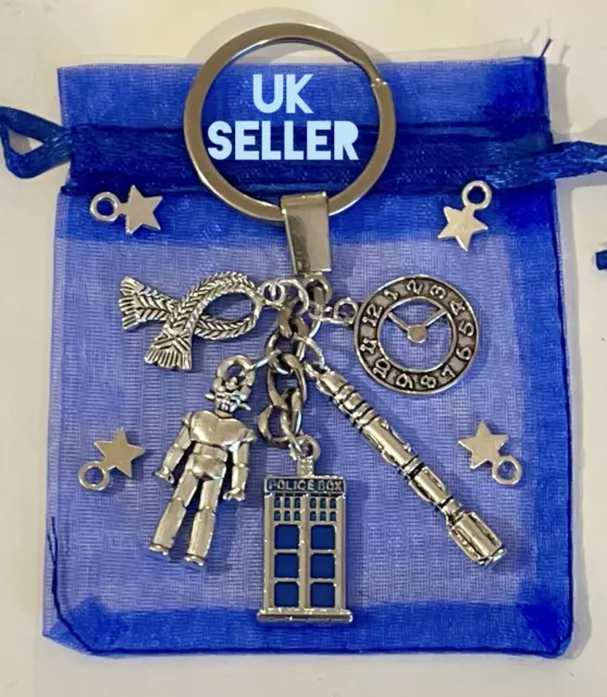 DR DOCTOR WHO TARDIS Police Box CYBER Sonic Screwdriver Charm KEYCHAIN KEYRING