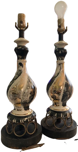 Vintage MCM Retro Ceramic Table Lamp Beige Gold Black 1950s 29” Tall Buys 1