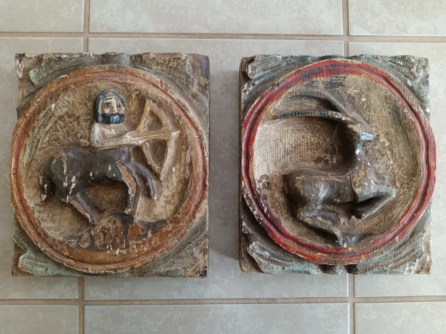 Antique Mid-Century Polychrome Thick Wood Carved Panels Sagittarius & Capricorn