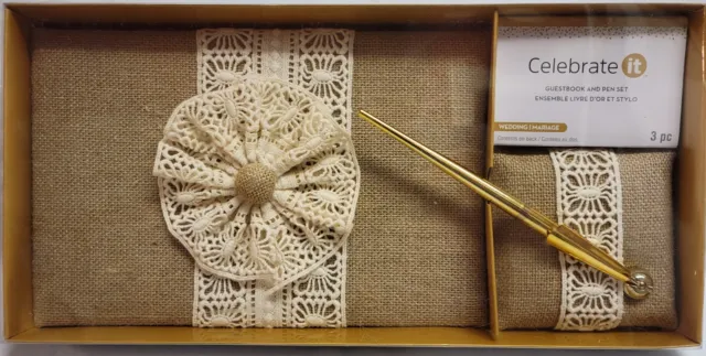 Wedding Guest Book & Pen Set - Rustic Country Burlap & Crocheted Lace Book NEW