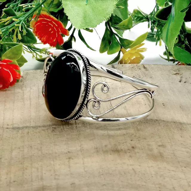 925 Sterling Silver Black Onyx Gemstone Handmade Jewelry Cuff Bracelet
