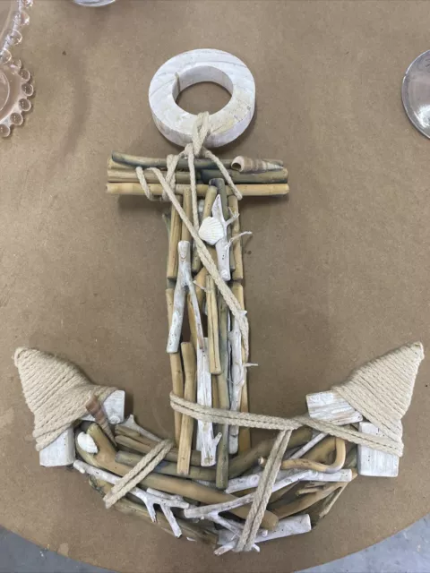 Drift Wood & Shell Boat Anchor with Crossbar Steering Wheel Décor