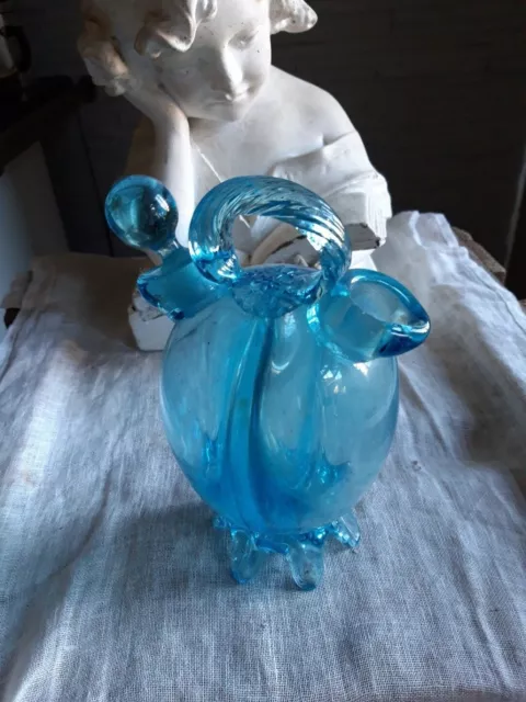 huilier vinaigrier en verre soufflé bleu travail FRANCAIS