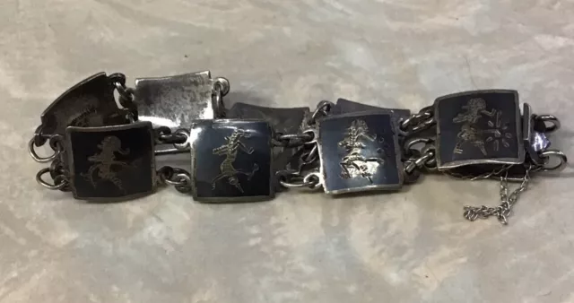 6" Vintage Siam Niello Solid Sterling Silver Thai Dancer Panel Bracelet