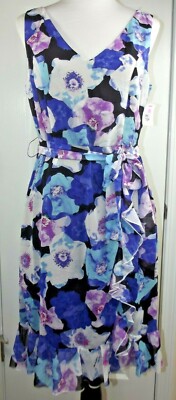 LIZA LUXE ModCloth Ruffled DRESS - SMALL - w/Belt Floral Purples Blues White NWT