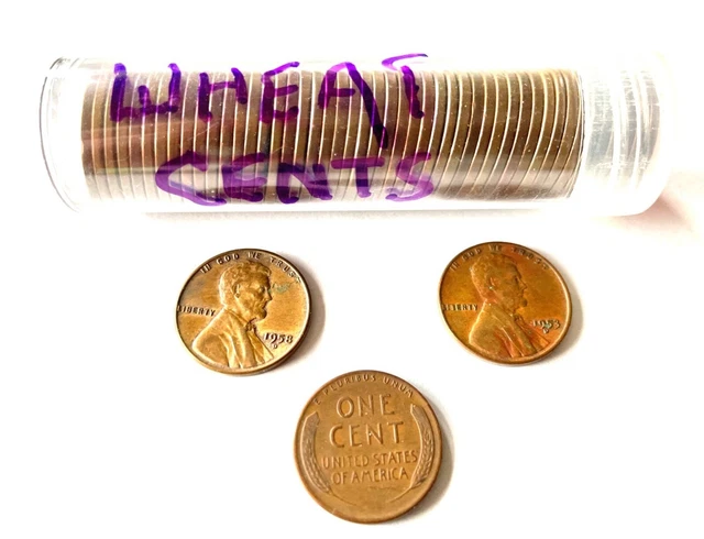 (50) 1934-1958-PDS LINCOLN WHEAT CENT PENNY ROLL US Coin Lot mixed dates & mints