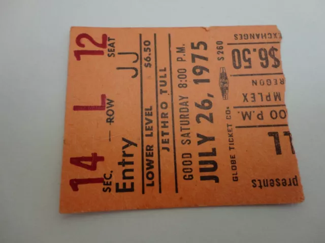 Vintage Jethro Tull Concert Ticket Stub July 26, 1975 Portland OR Nice Condition