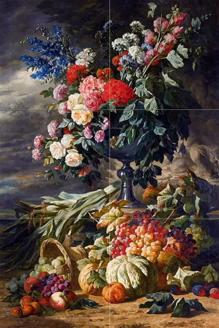 VASE FLOWERS AUTUMN FRUIT L. Schaefels Tile Mural Art Backsplash Marble Ceramic