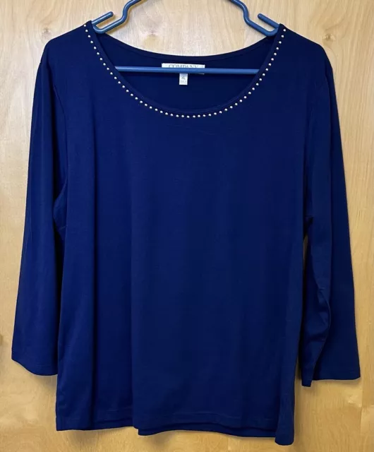 Company Ellen Tracy Women’s Blue Beaded 3/4 Sleeve Top Stretch Round Neck XL