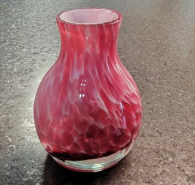 Vintage Art Glass Pink Marble Spatter Cased Glass Vase,  3.75" Tall