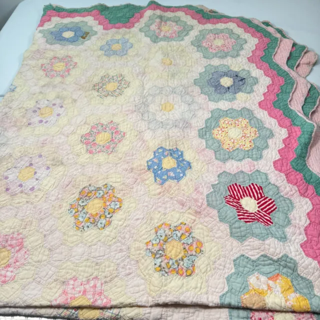 vintage handmade quilt grandmothers flower garden hexagon pink cotton feedsack