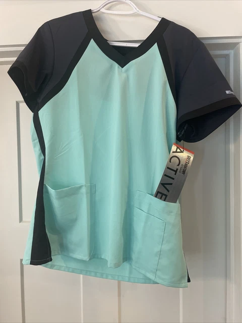 BARCO Grey's Anatomy Active 41435 Scrub Top Black/Steel/Surf Aqua SZ M