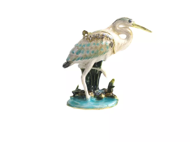 Bejeweled " White Heron Bird " Hinged Metal Enameled Rhinestone Trinket box