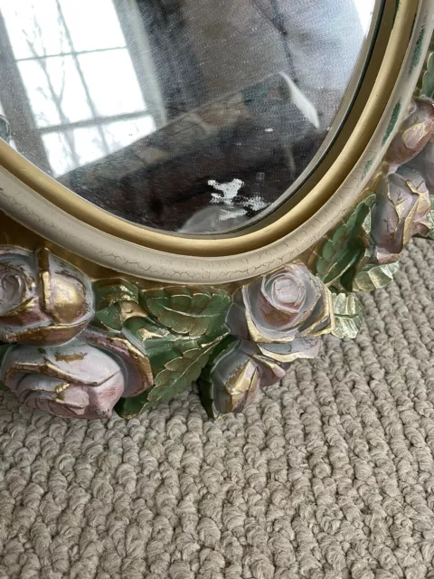 Vintage Home Interiors Oval Mirror With Pink Roses And Green Leaves 27" X 19" 3