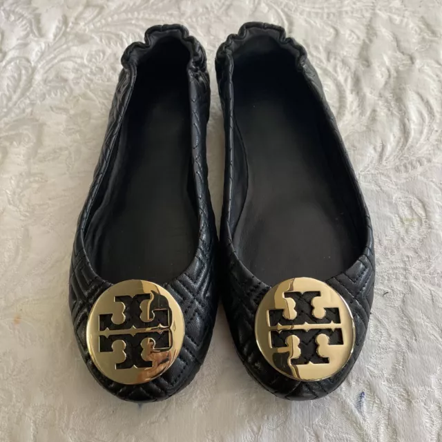 Tory Burch Quinn Reva Black Gold Leather Quilted Ballet Flat Size 7