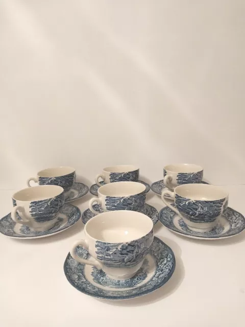 Set of 7 Staffordshire Liberty Blue Coffee Tea Cups and Saucers - England