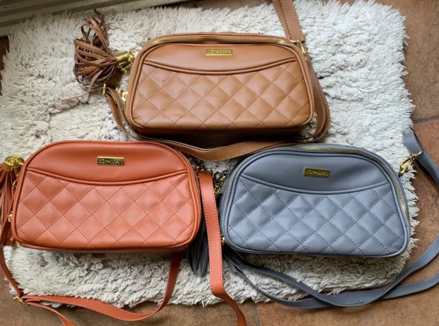 Joy & Iman Diamond Quilted Leather Crossbody Bag Purse Orange, Brown and Gray