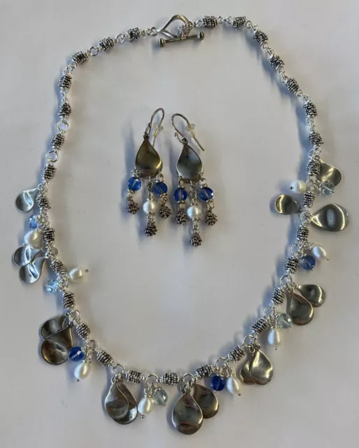 Michael Dawkins Sterling Silver Pearl Blue Bead Caviar Necklace & Earrings It#1Y