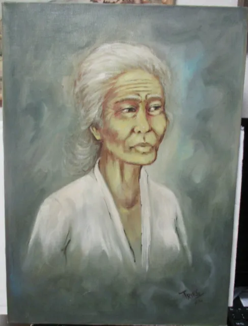 Trives Vietnam Elder Woman Original Oil On Canvas Painting 1972