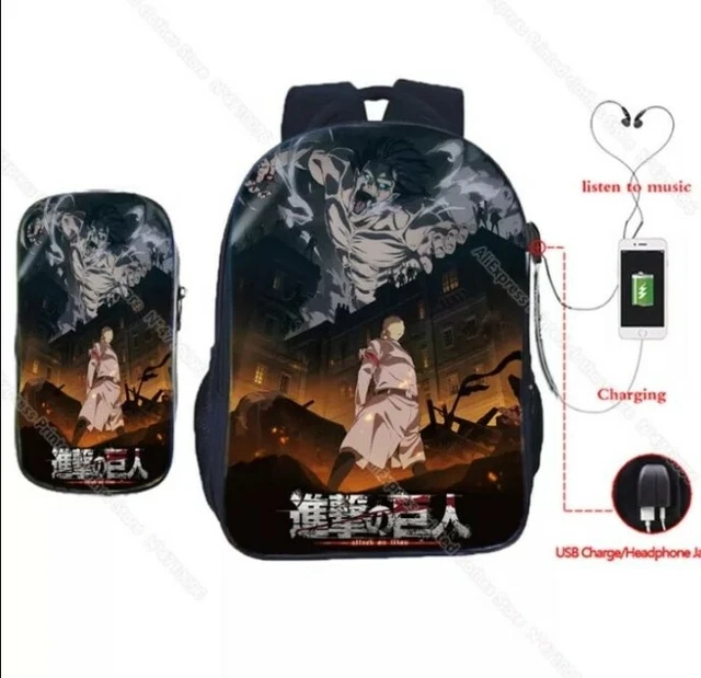 Sac à Dos + Trousse Attack On Titan (Shingeki No Kyojin) - 30L Avec Chargeur USB - Neuf Avec étiquettes