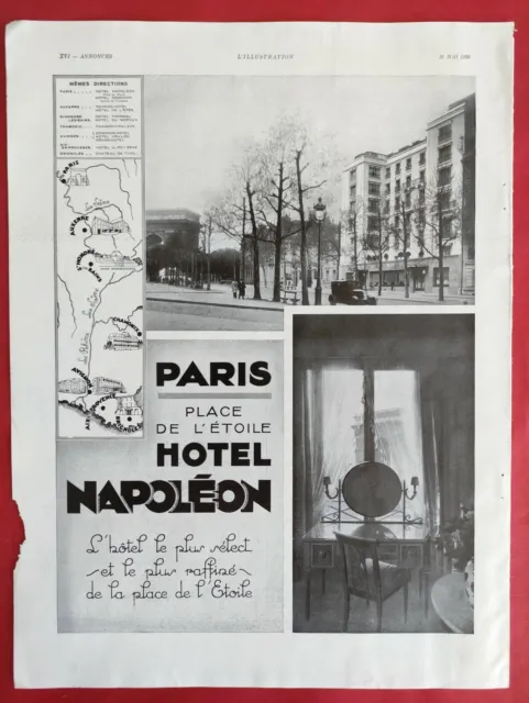 Publicité de presse 1930 Tourisme PARIS HOTEL NAPOLEON Place de l'Etoile