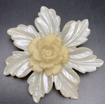 Large White Flower Brooch Pin Vintage Plastic Celluloid Rose Floral Big