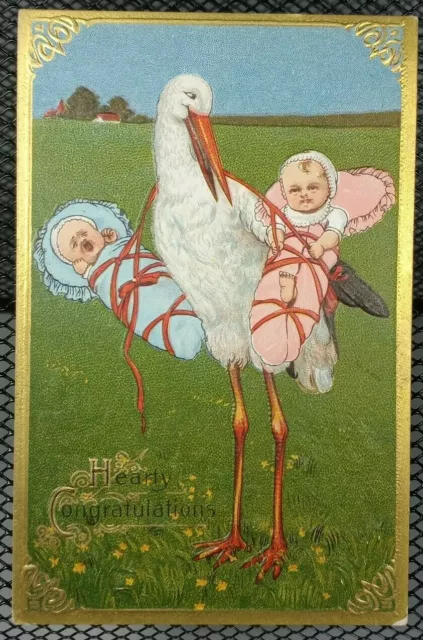 c.1900's Fraternal Twins Golden Border Embossed Boy Girl Antique Stork Postcard