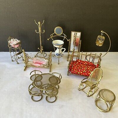 Miniature Brass Dollhouse Furniture Daybed Highchair Bassinet Mirror Lot Of 16