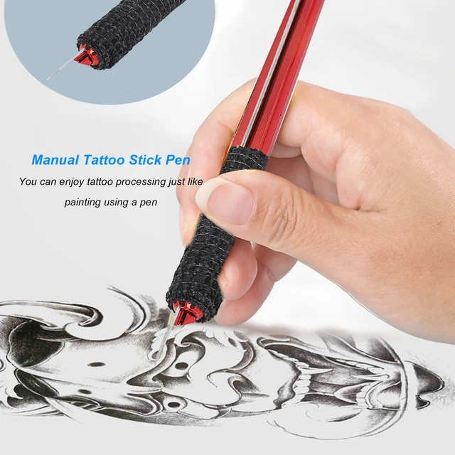 (Rosso) Kit tatuaggi bastone e poke a mano slot per schede 3 punti comoda impugnatura manuale