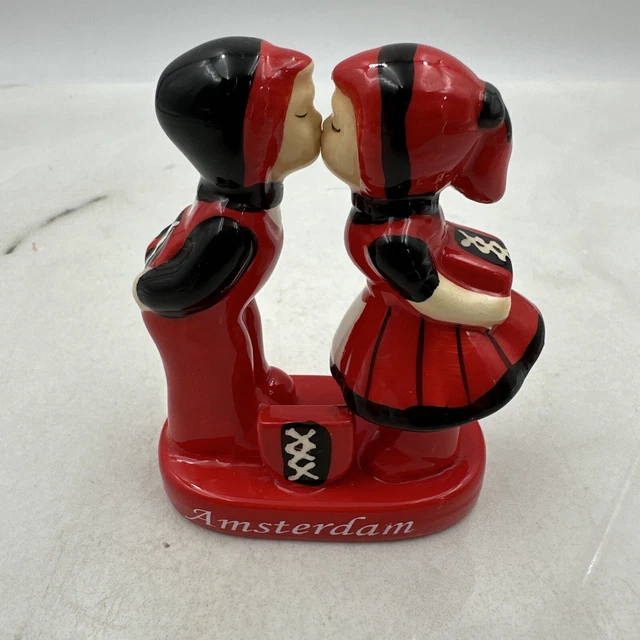 CERAMIC DUTCH BOY and Girl Kissing Red Black Figurine Hand Painted