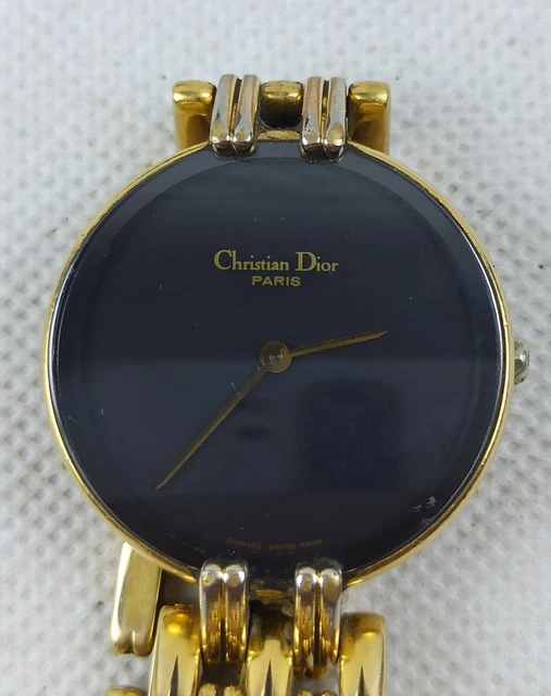 Golden Christian Dior Paris Watch Vintage Wristwatch Luxur Round Black Dial 19