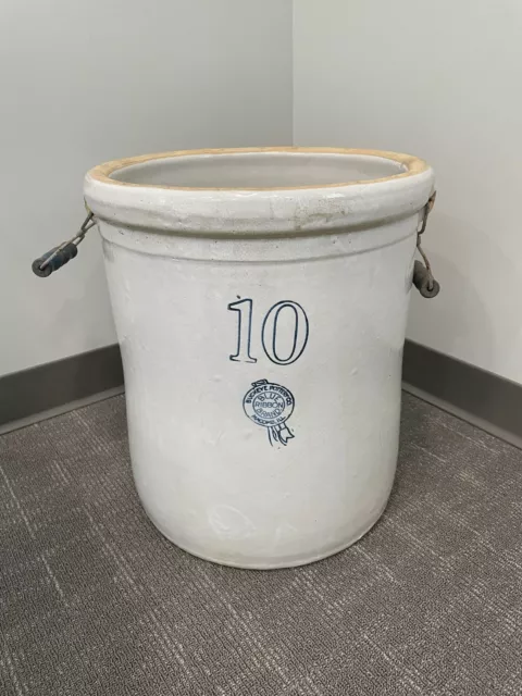 10 Gallon Antique Crock Vintage Blue Ribbon Buckeye Pottery Co 45 lbs Stonewear 3