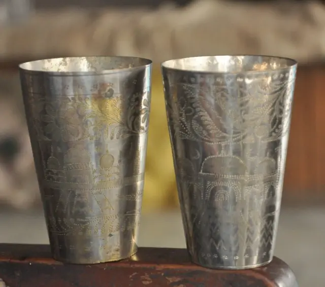 2 Pc Old Brass Handcrafted Fine Inlay Engraved Unique Shape Milk/Lassi Glass