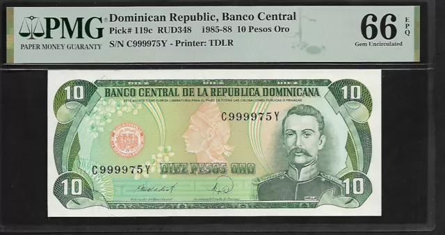 Dominican Republic 10 Pesos Oro 1985-88 PMG 66 EPQ P#119c PMG Population 5/1