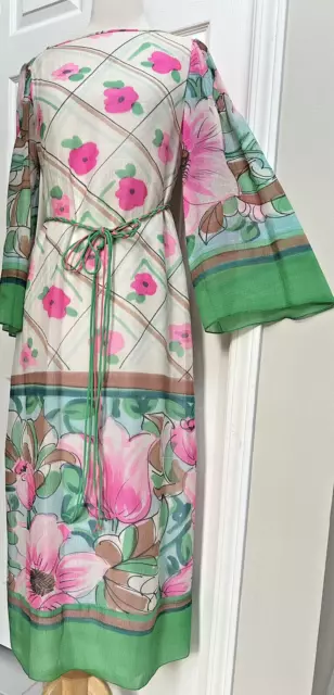 Vintage 1970s Richilene NY Slub Silk Chiffon Watercolor Midi Dress EXQUISITE