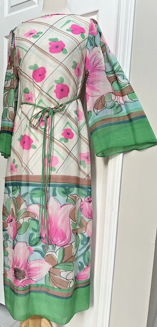 Vintage 1970s Richilene NY Slub Silk Chiffon Watercolor Midi Dress EXQUISITE