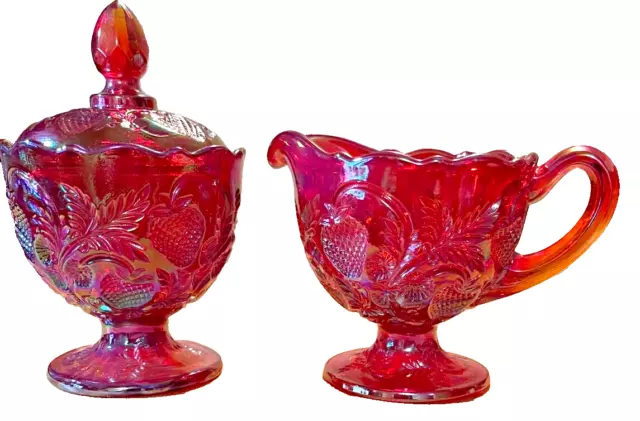 Fenton Red Inverted Strawberry Carnival Glass Cream & Sugar Set for ACGA 1995/96