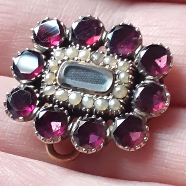 GEORGIAN Gold Garnet and Seed Pearl MOURNING BROOCH 3.7g