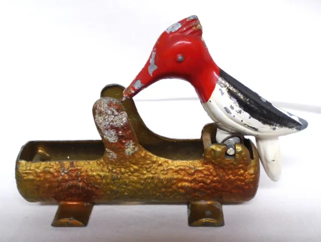 Vintage MCM Cast Iron Woodpecker on Tree Log Toothpick Holder Dispenser