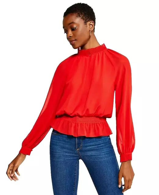 NEW Ann Taylor M Women's Red Pleated Smocked Peplum Waist Blouse Top
