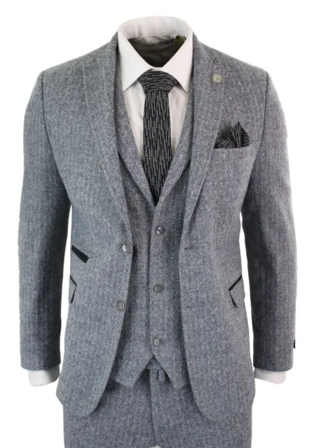 Mens Light Grey 3 Piece Tweed Suit Herringbone Wool Vintage Retro