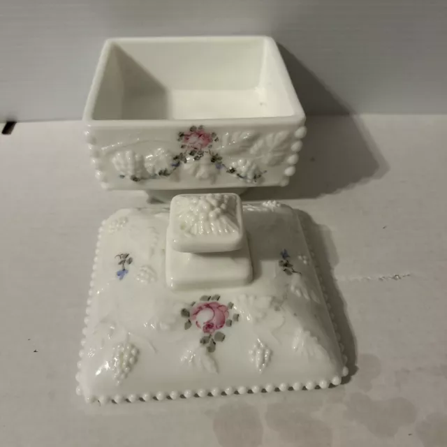 Westmoreland Glass BEADED GRAPE Roses and Bows Milk Glass Ftd Square Honey Dish 3