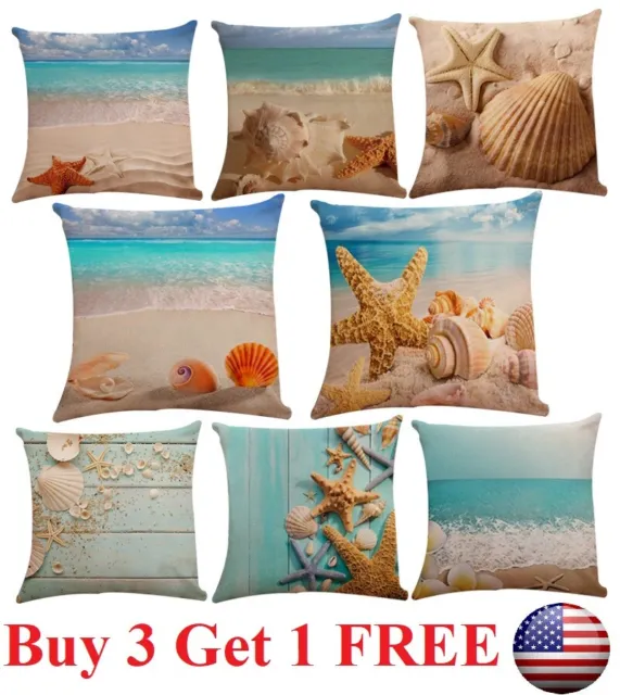 PILLOW COVER Ocean Beach Sea Blue Starfish Shells Bed Sofa Cushion Case 18x18