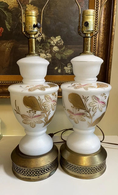 VTG Pair MCM Bavarian Blown GLASS Lamp White & Gold Hand Painted w/ Brass Base