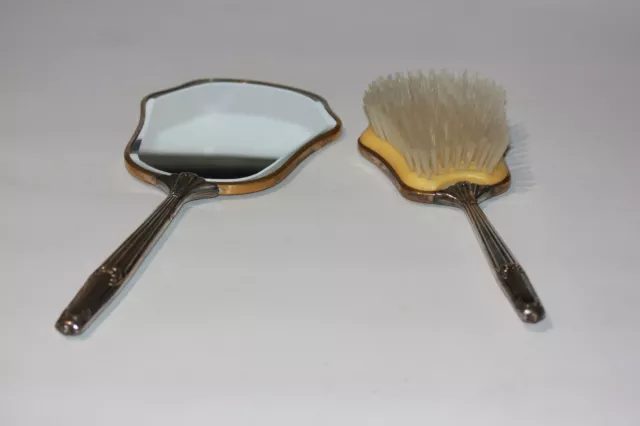 Ancien Miroir Face À Main Biseauté + brosse métal argenté Anglais