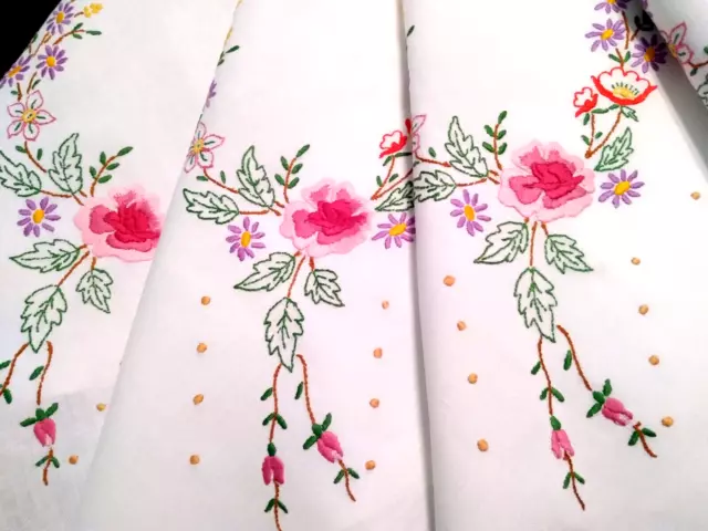 Vintage Hand Embroidered Linen Tablecloth Pink Roses & Trailing Floral Garlands