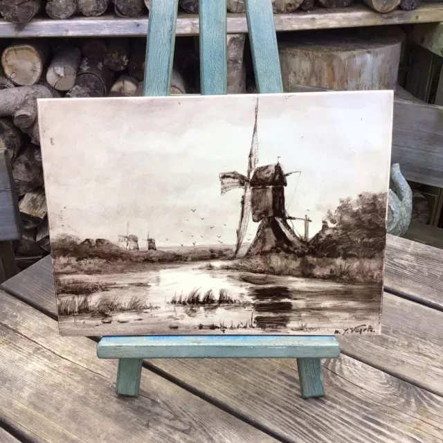 Antique Dutch Rozenburg Den Haag Signed Handpainted Windmill Landscape Tile