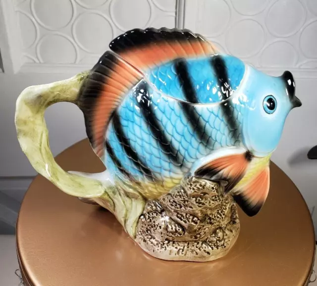 Blue & Orange Striped Fish Teapot Takahashi San Francisco Hand Painted Vintage 2